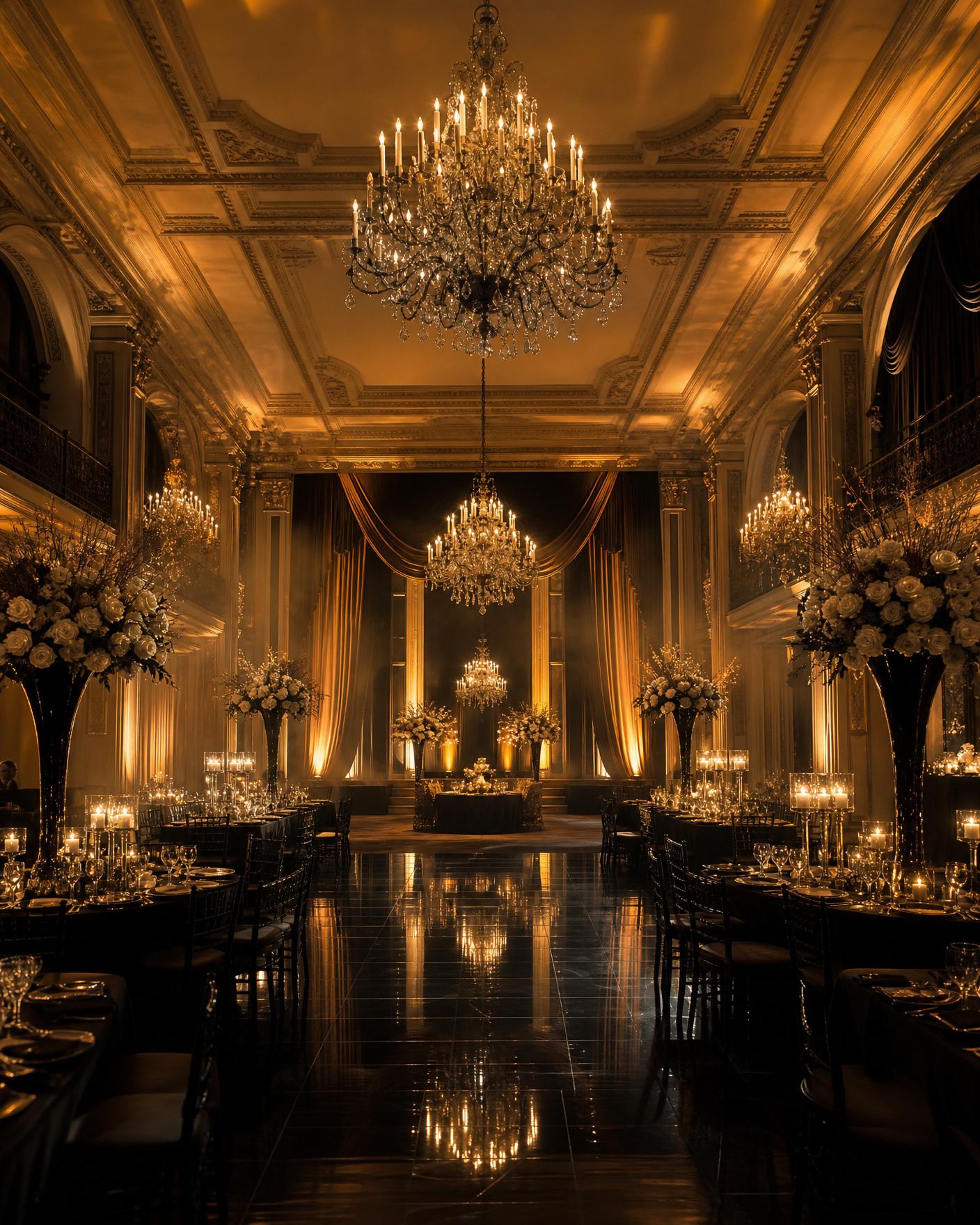 Luxury ballroom with chandeliers, candlelit tables, and a black reflective dance floor